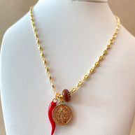St. Benedict Medal, Red Horn & Brown Turkish Stone in Little Coffee Grain Necklace