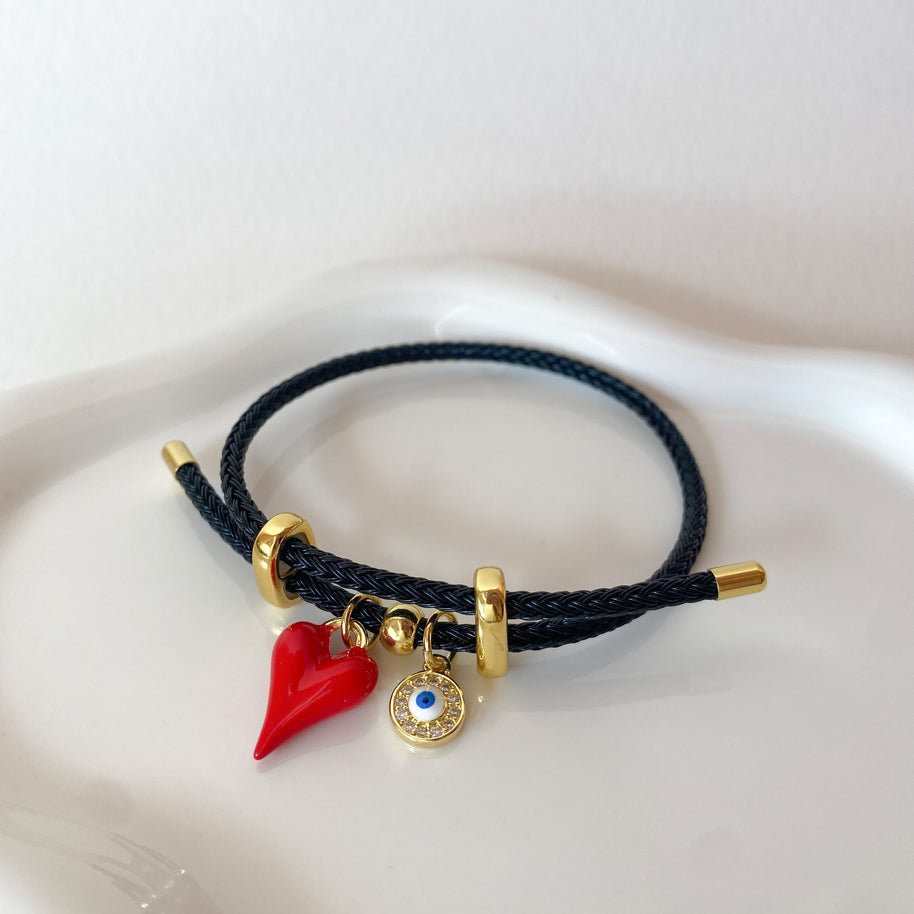 Red Bombom Mini Heart and Evil Eye Adjustable Black Cord Bracelet