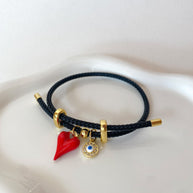 Red Bombom Mini Heart and Evil Eye Adjustable Black Cord Bracelet