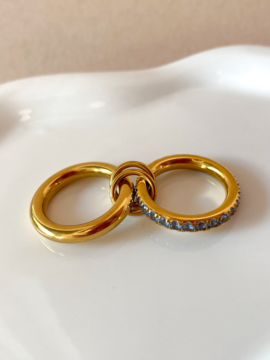 Double Golden and Blue Crystals Steel Ring