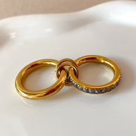 Double Golden and Blue Crystals Steel Ring