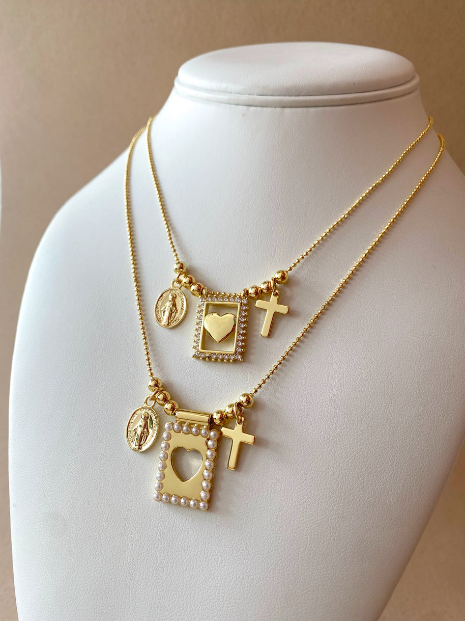 Golden Miracle Virgin Heart & Cross Scapular Necklace