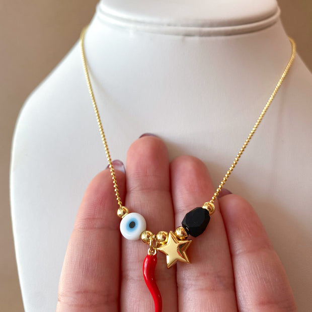 Little Star, Red Horn, Evil Eye and Azabache Style Necklace