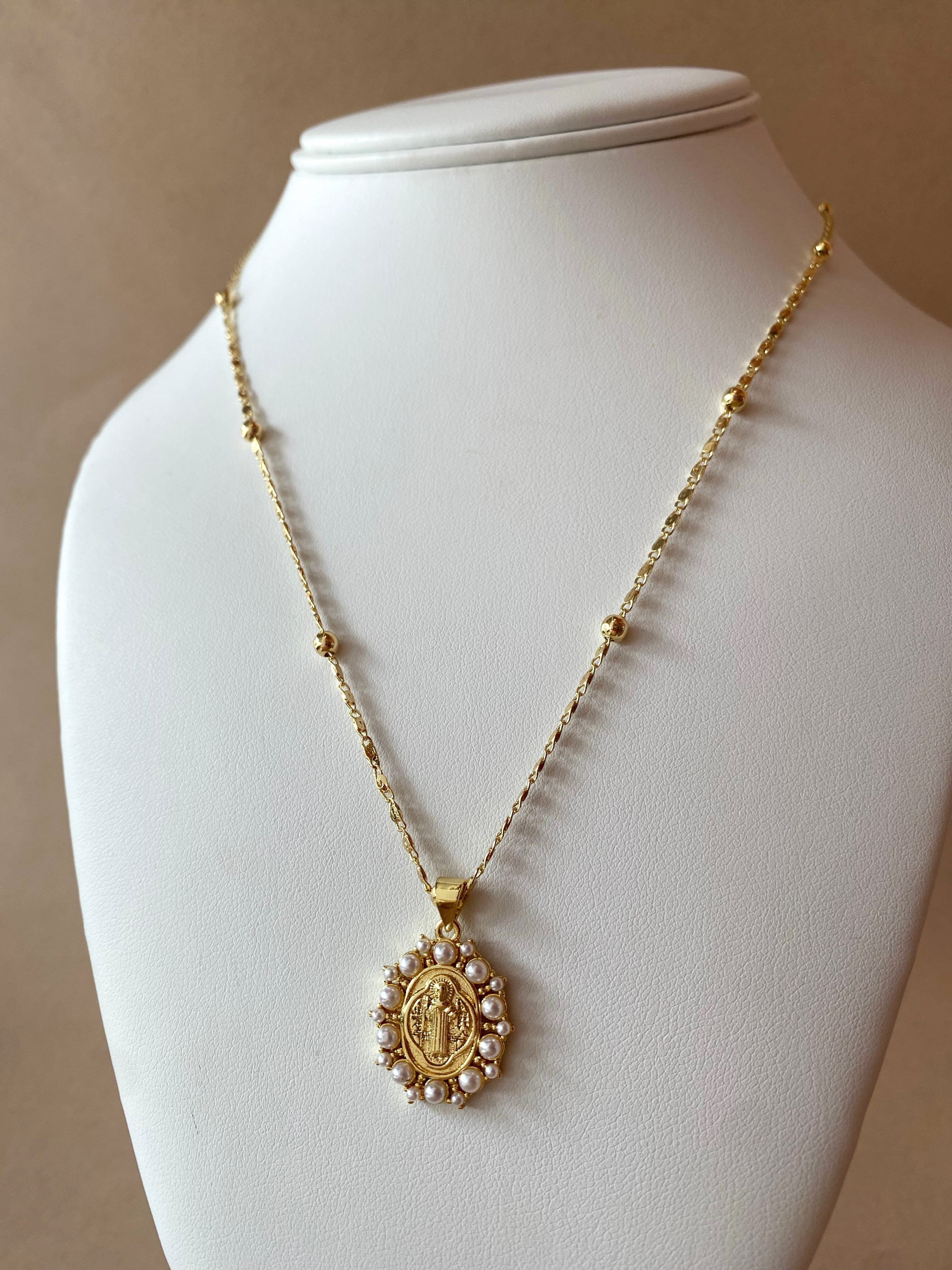 St Benedict Medal in Pearls Oval Charm Necklace