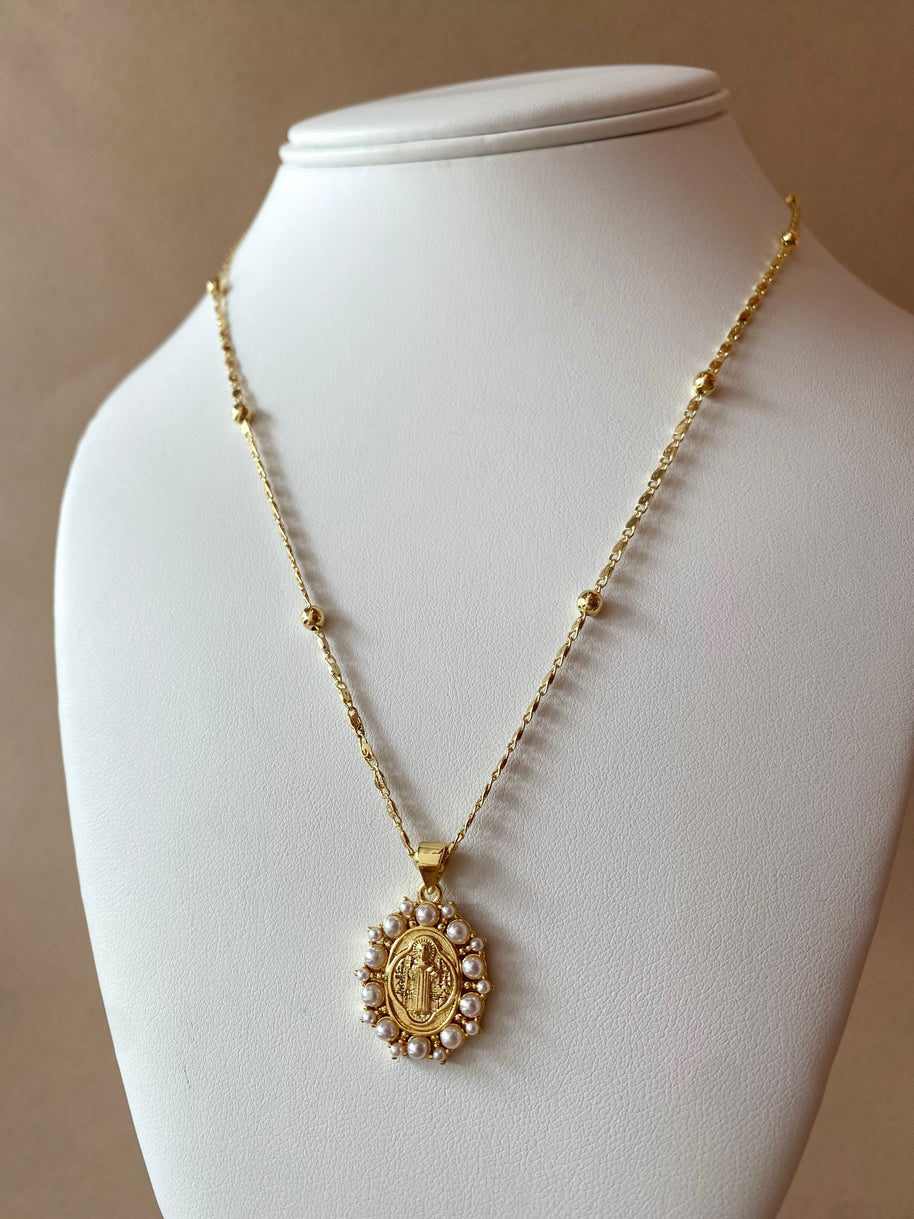 St Benedict Medal in Pearls Oval Charm Necklace