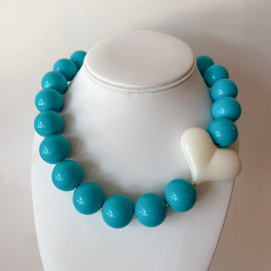 Acrylic Turquoise Gumball Bead with White Heart Necklace