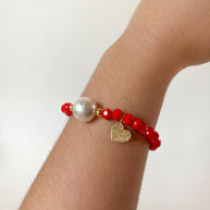 Pearl, Heart and Red Crystals Elastic Bracelet