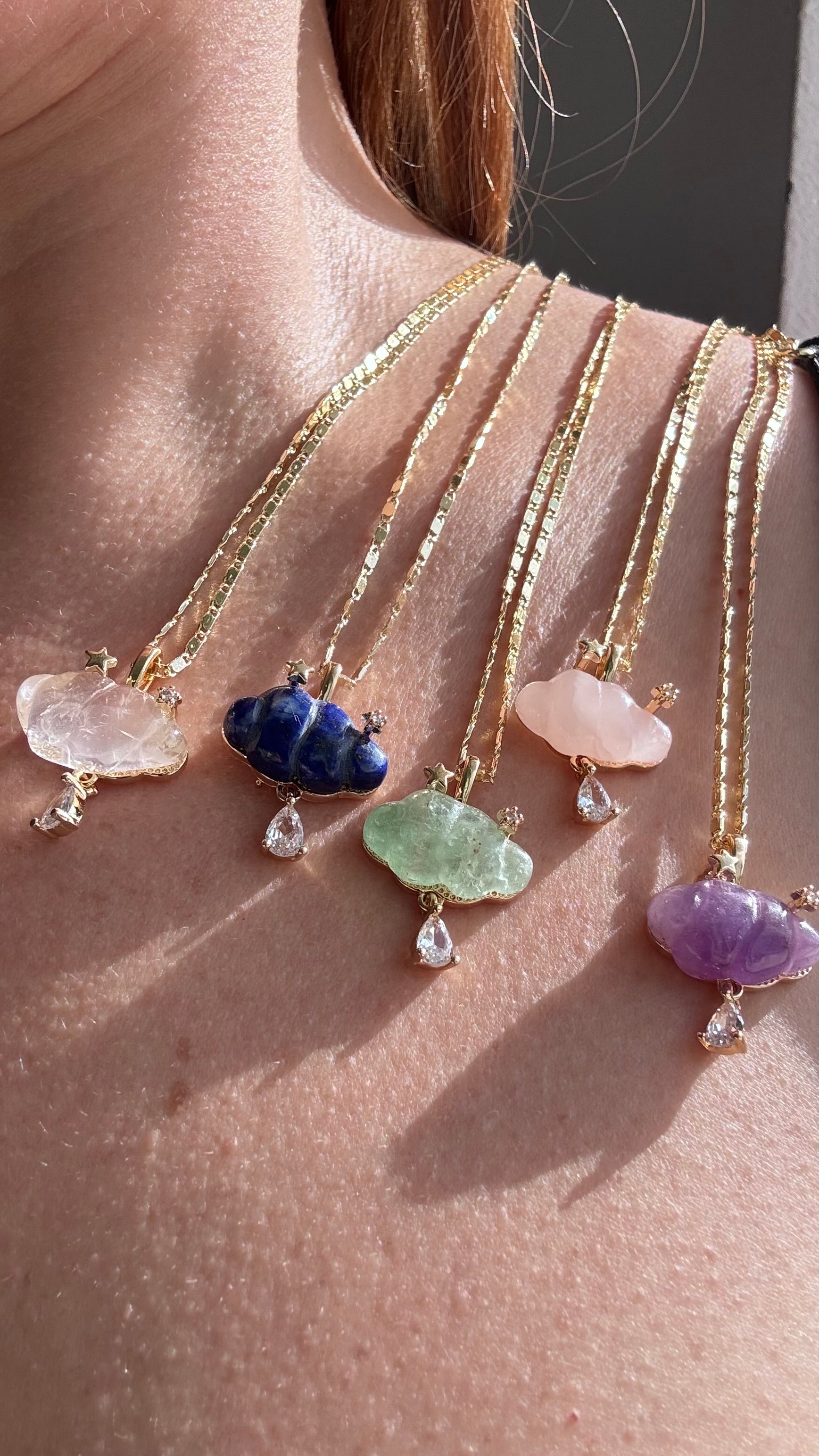 Cloud Raindrop Crystal Gems Golden Necklaces