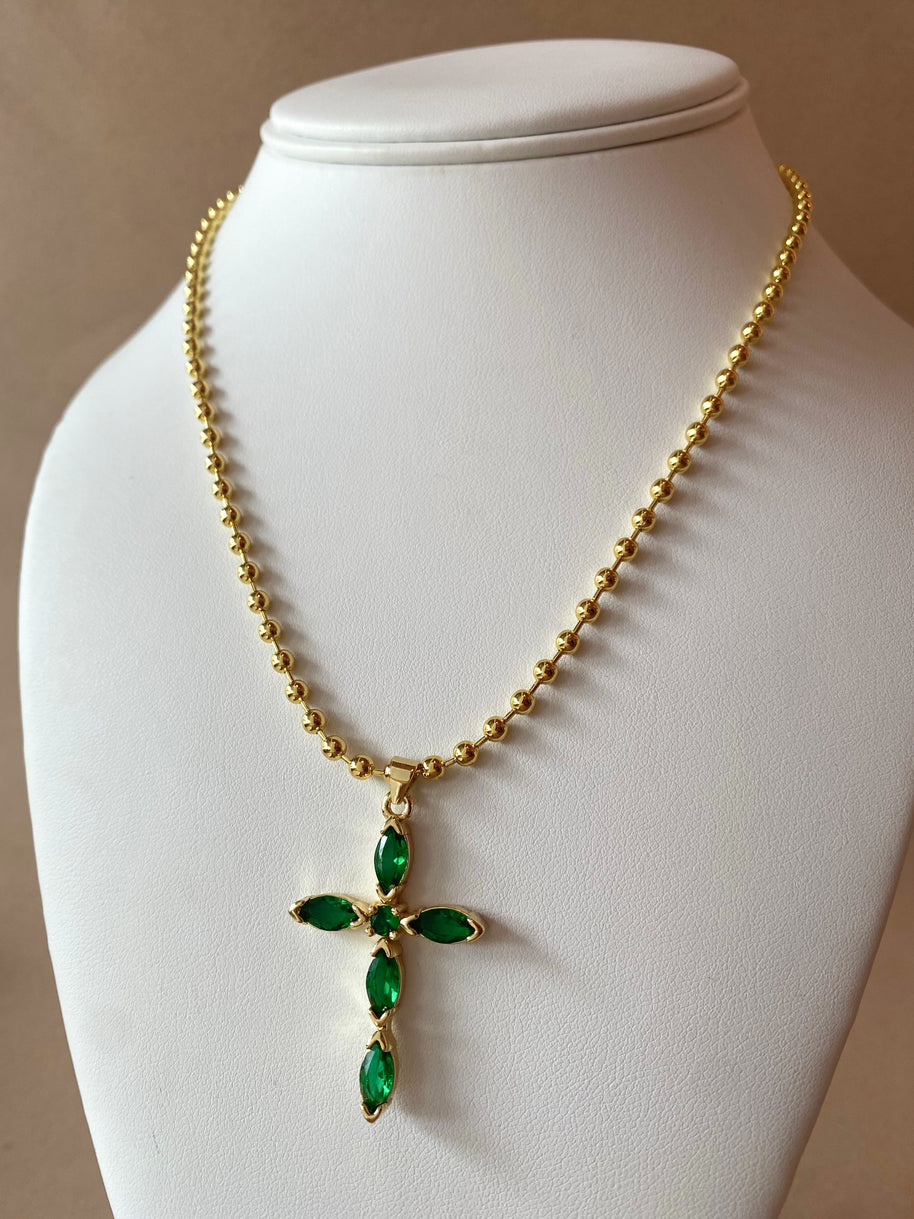 Green Cross Crystals Charm Necklace