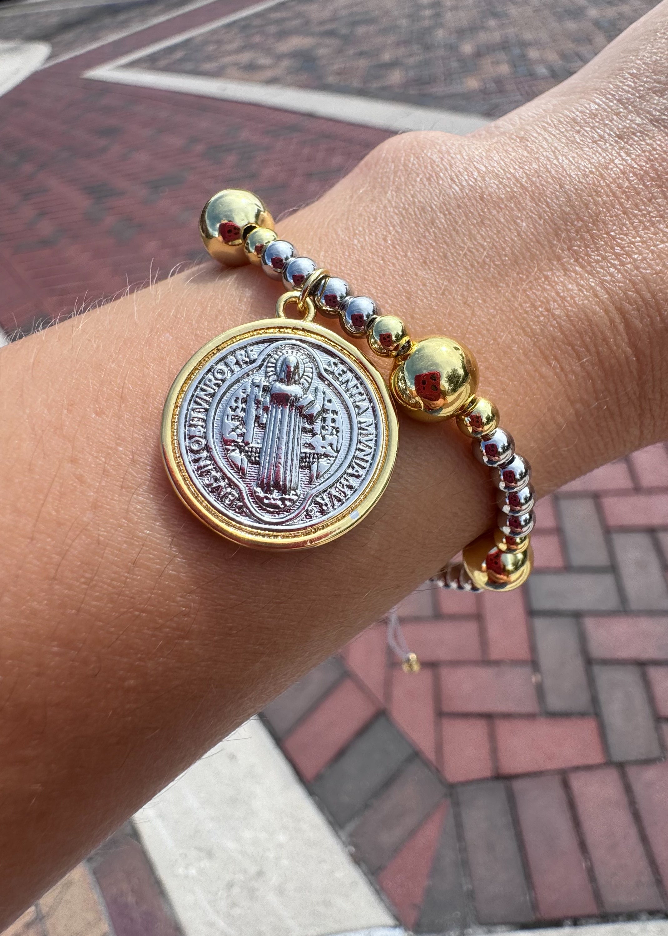 Silver and Gold St Benedict Balls Adjustable Bracelet