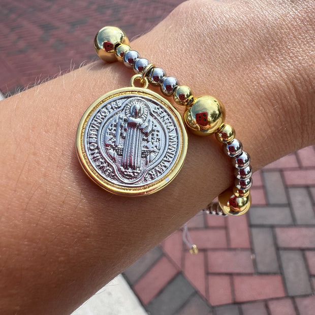 Silver and Gold St Benedict Balls Adjustable Bracelet