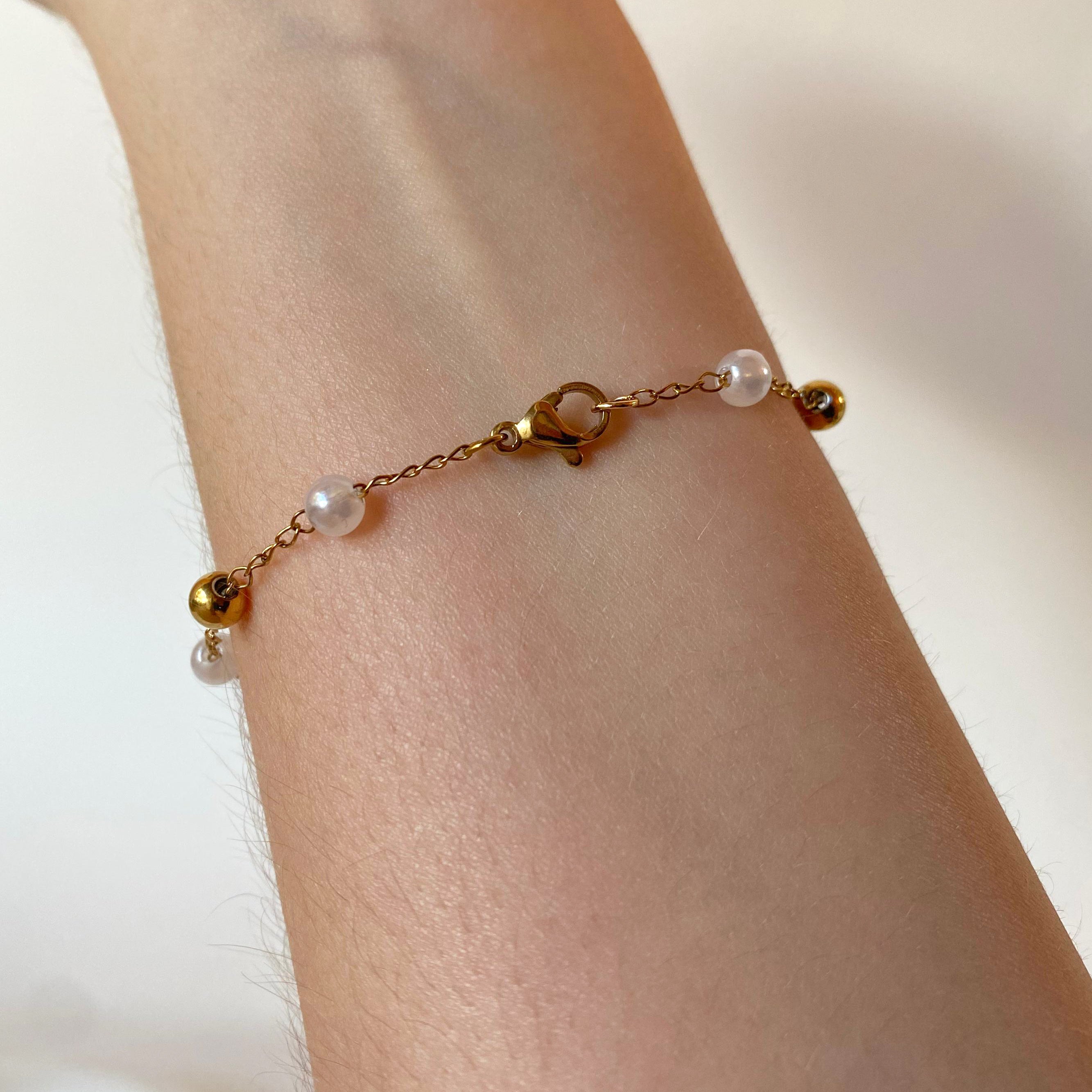 Golden Steel and Pearls Cross and Prayer Virgin Rosary Bracelet