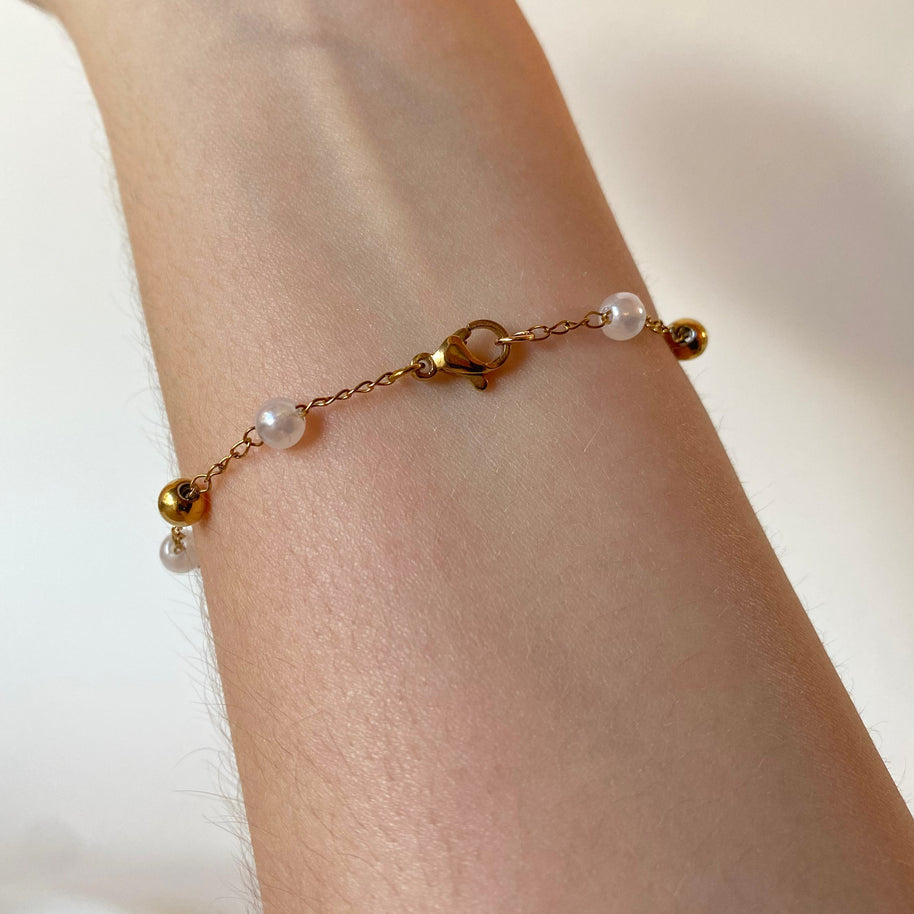 Golden Steel and Pearls Cross and Prayer Virgin Rosary Bracelet