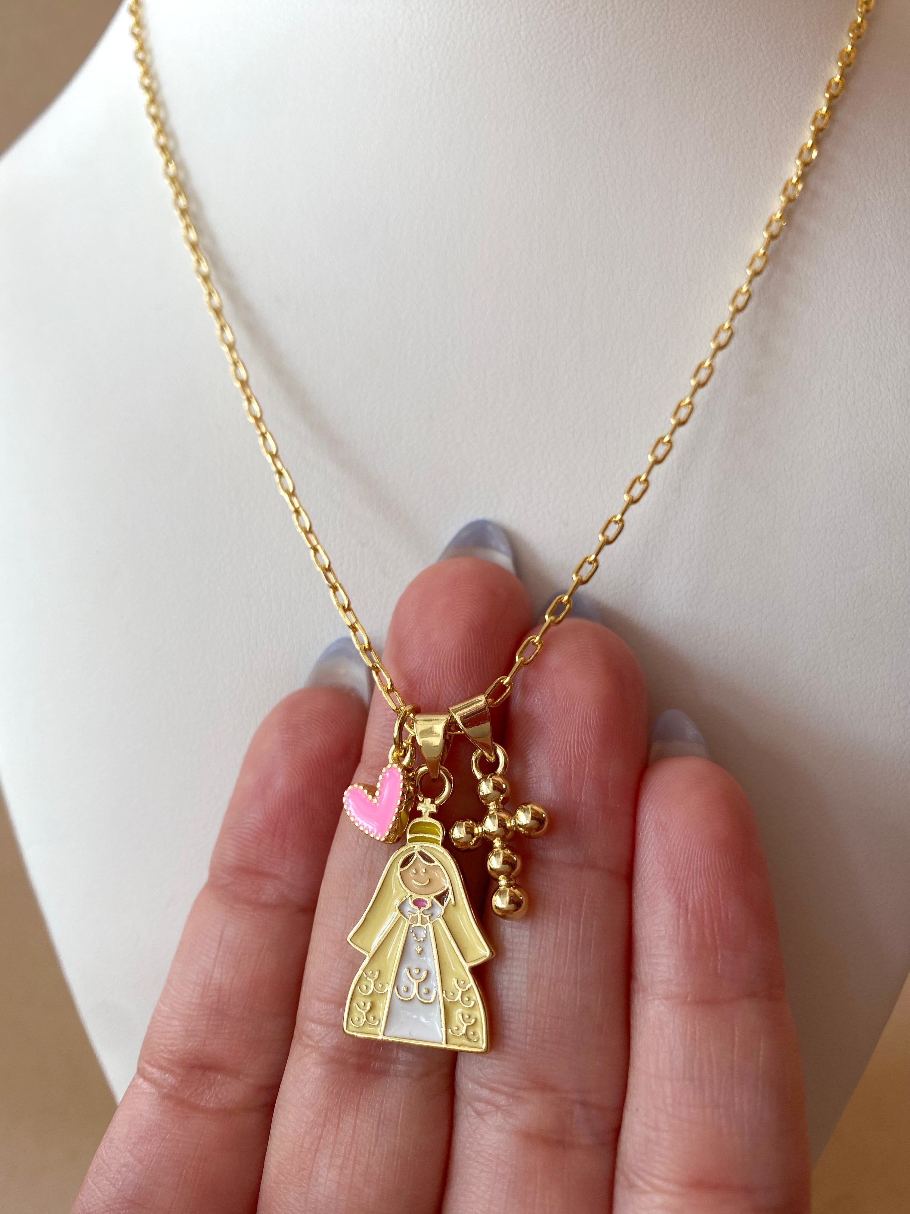 Yellow & Pink Virgin Heart and Cross Necklace
