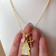 Yellow & Pink Virgin Heart and Cross Necklace